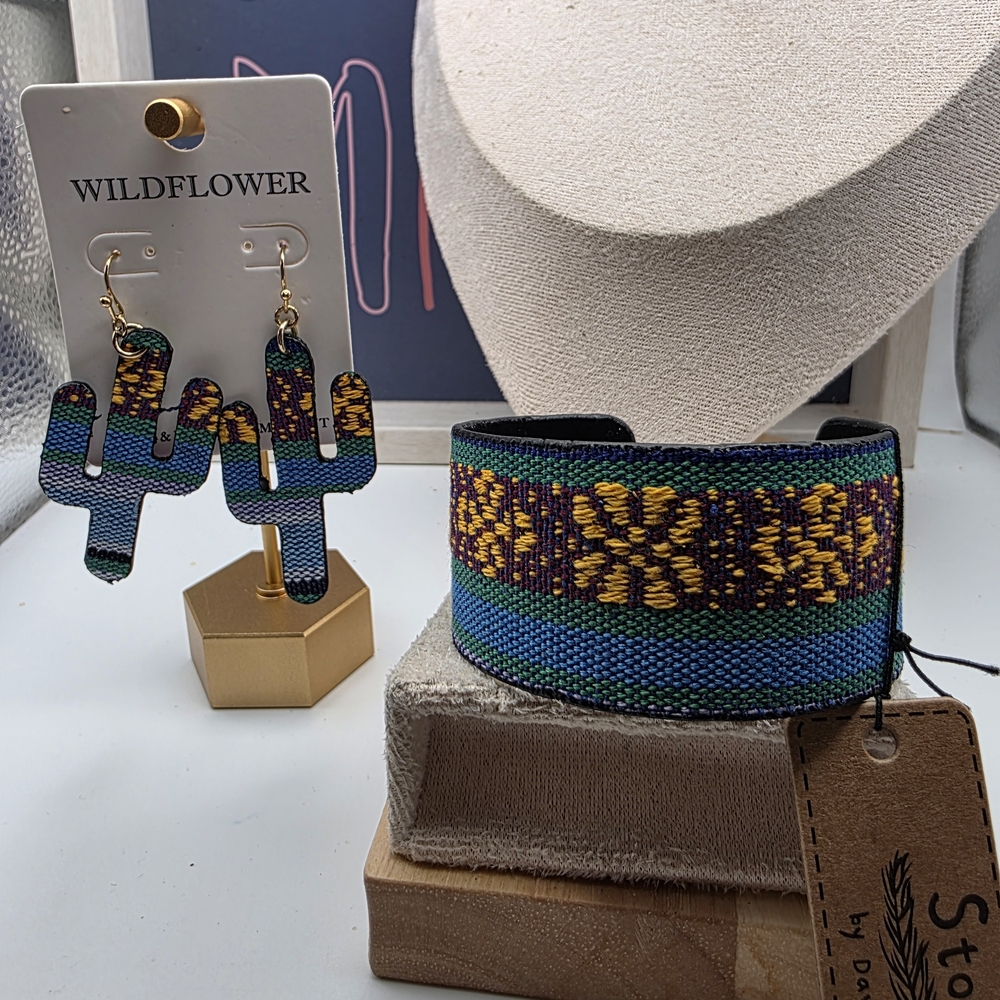 Colorful Weaved Cactus Earrings and Bracelet Set (1317)